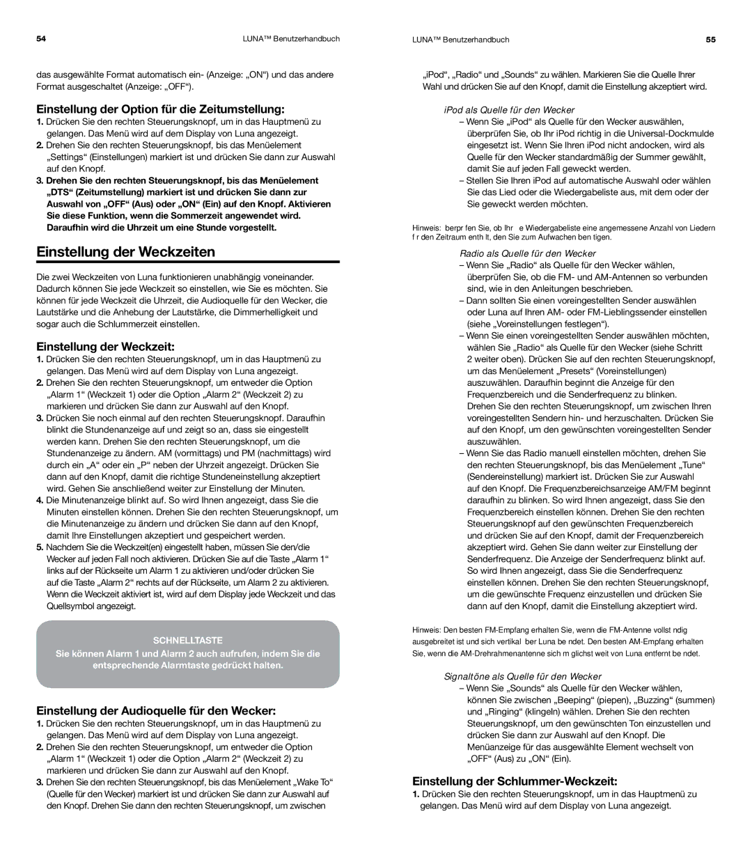 XtremeMac Room Audio System user manual Einstellung der Weckzeiten, Einstellung der Option für die Zeitumstellung 