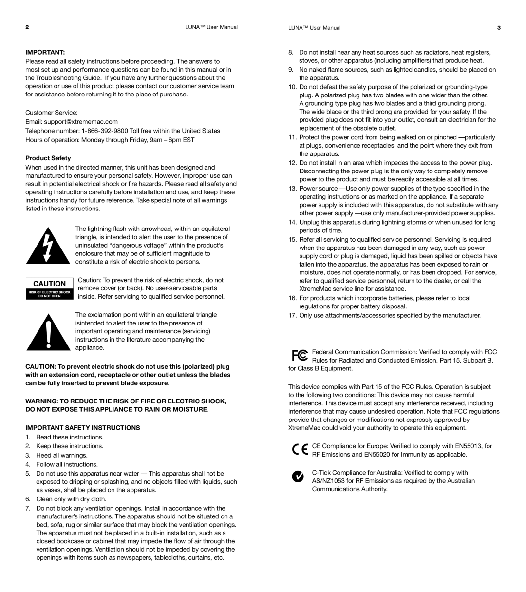 XtremeMac Room Audio System user manual Product Safety, Important Safety Instructions 