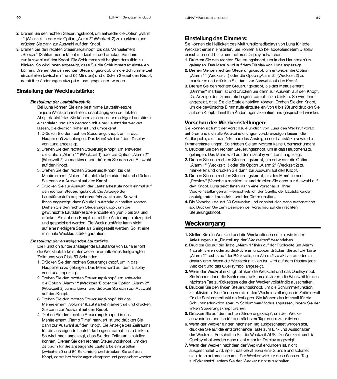 XtremeMac Room Audio System user manual Weckvorgang, Einstellung der Wecklautstärke, Einstellung des Dimmers 