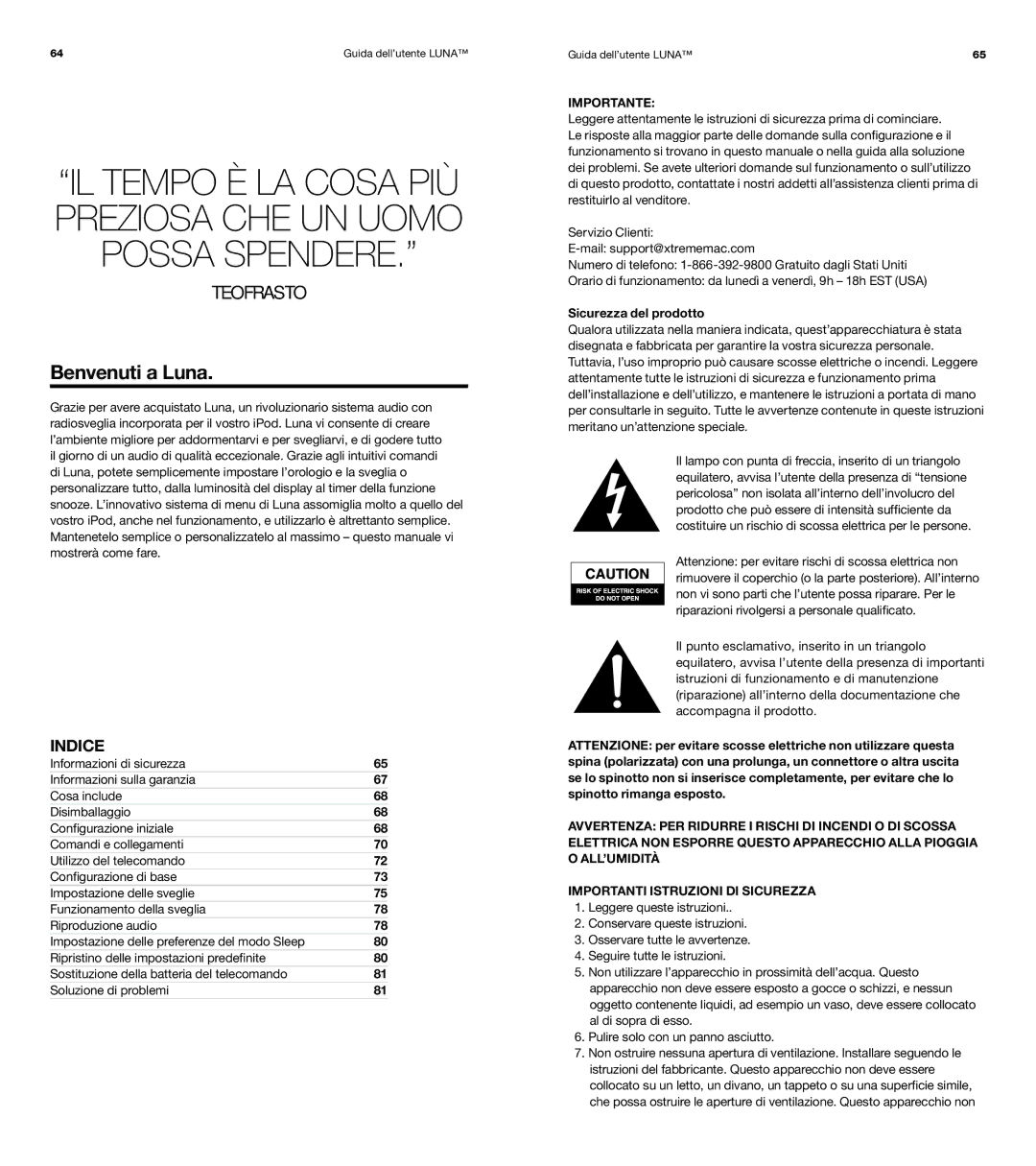 XtremeMac Room Audio System user manual Benvenuti a Luna, Sicurezza del prodotto 