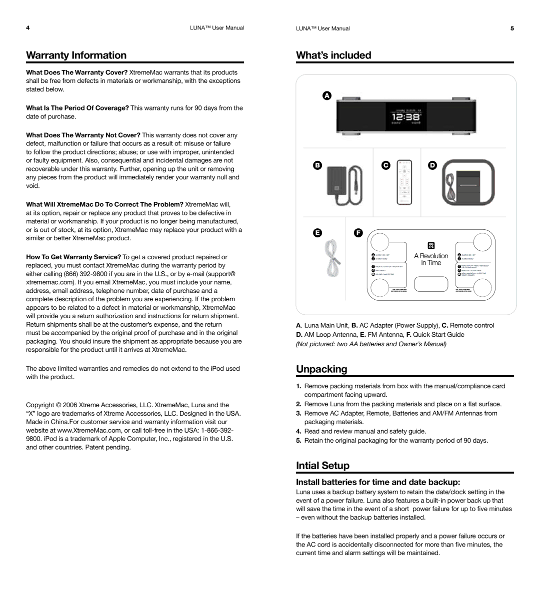 XtremeMac Room Audio System user manual Warranty Information, What’s included, Unpacking, Intial Setup 