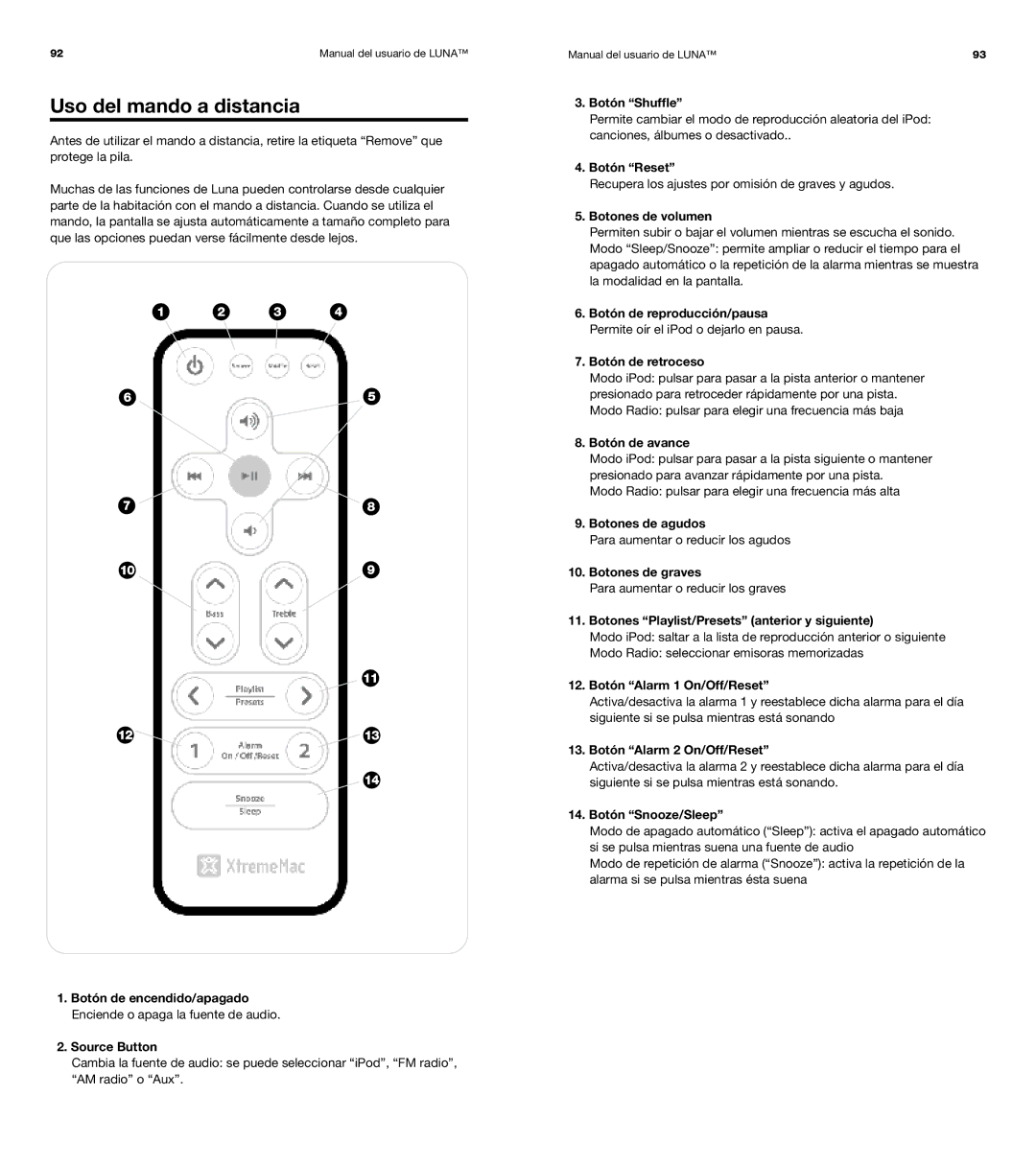 XtremeMac Room Audio System user manual Uso del mando a distancia 