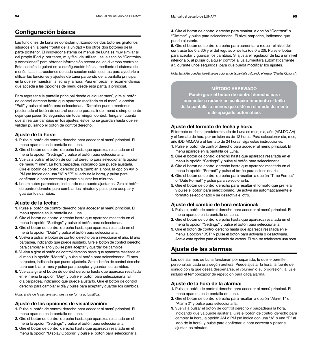 XtremeMac Room Audio System user manual Configuración básica, Ajuste de las alarmas 