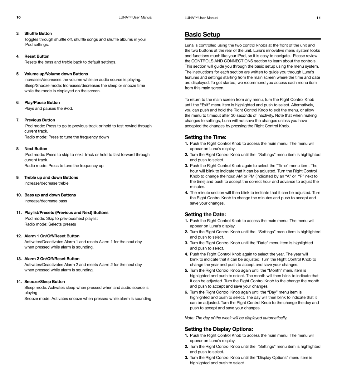 XtremeMac Room Audio System user manual Basic Setup, Setting the Time, Setting the Date, Setting the Display Options 