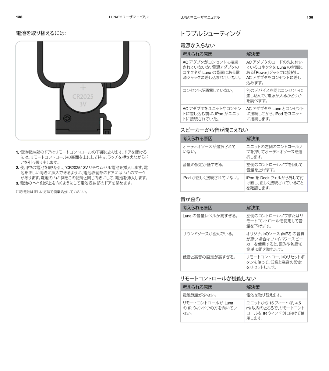 XtremeMac Room Audio System user manual 電池を取り替えるには, 電源が入らない, スピーカーから音が聞こえない, 音が歪む, リモートコントロールが機能しない 