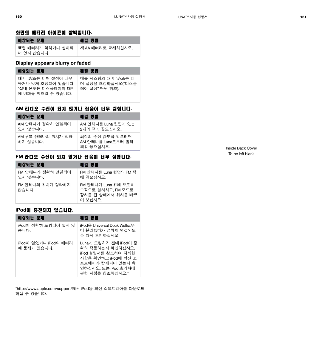 XtremeMac Room Audio System user manual 화면의 배터리 아이콘이 깜박입니다, Am 라디오 수신이 되지 않거나 잡음이 너무 심합니다, Fm 라디오 수신이 되지 않거나 잡음이 너무 심합니다 