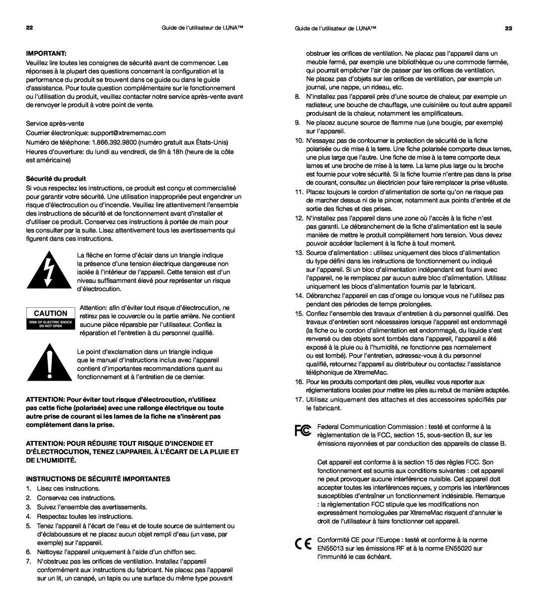 XtremeMac Room Audio System user manual Sécurité du produit, Instructions De Sécurité Importantes 