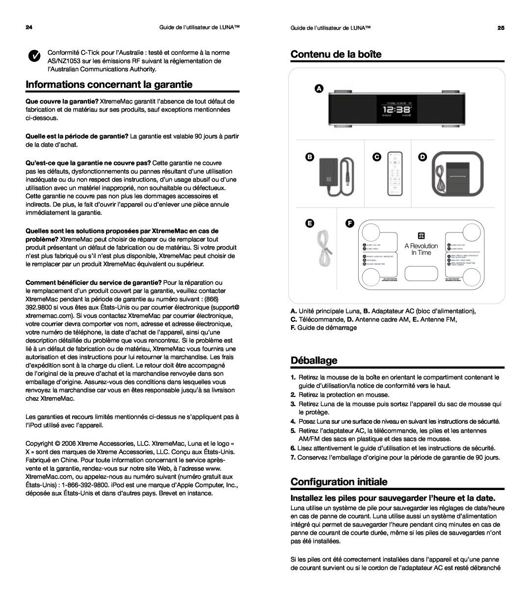 XtremeMac Room Audio System Informations concernant la garantie, Contenu de la boîte, Déballage, Configuration initiale 