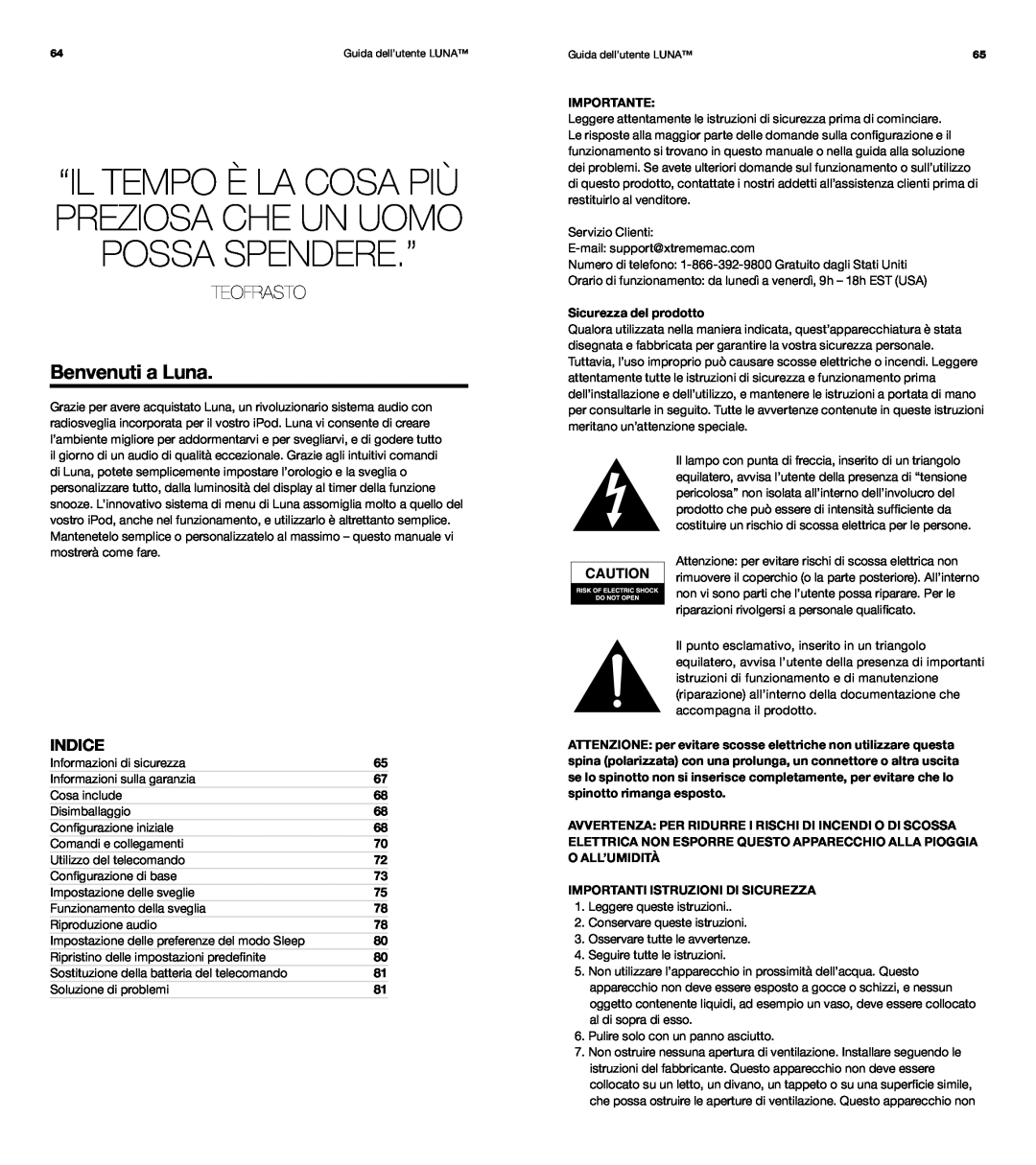 XtremeMac Room Audio System user manual Benvenuti a Luna, Teofrasto, Indice 