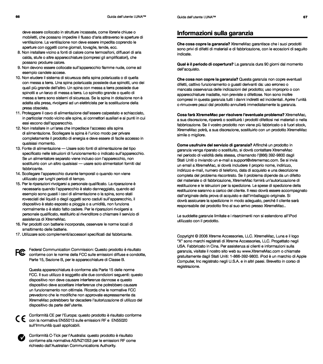 XtremeMac Room Audio System user manual Informazioni sulla garanzia, Guida dell’utente LUNA 
