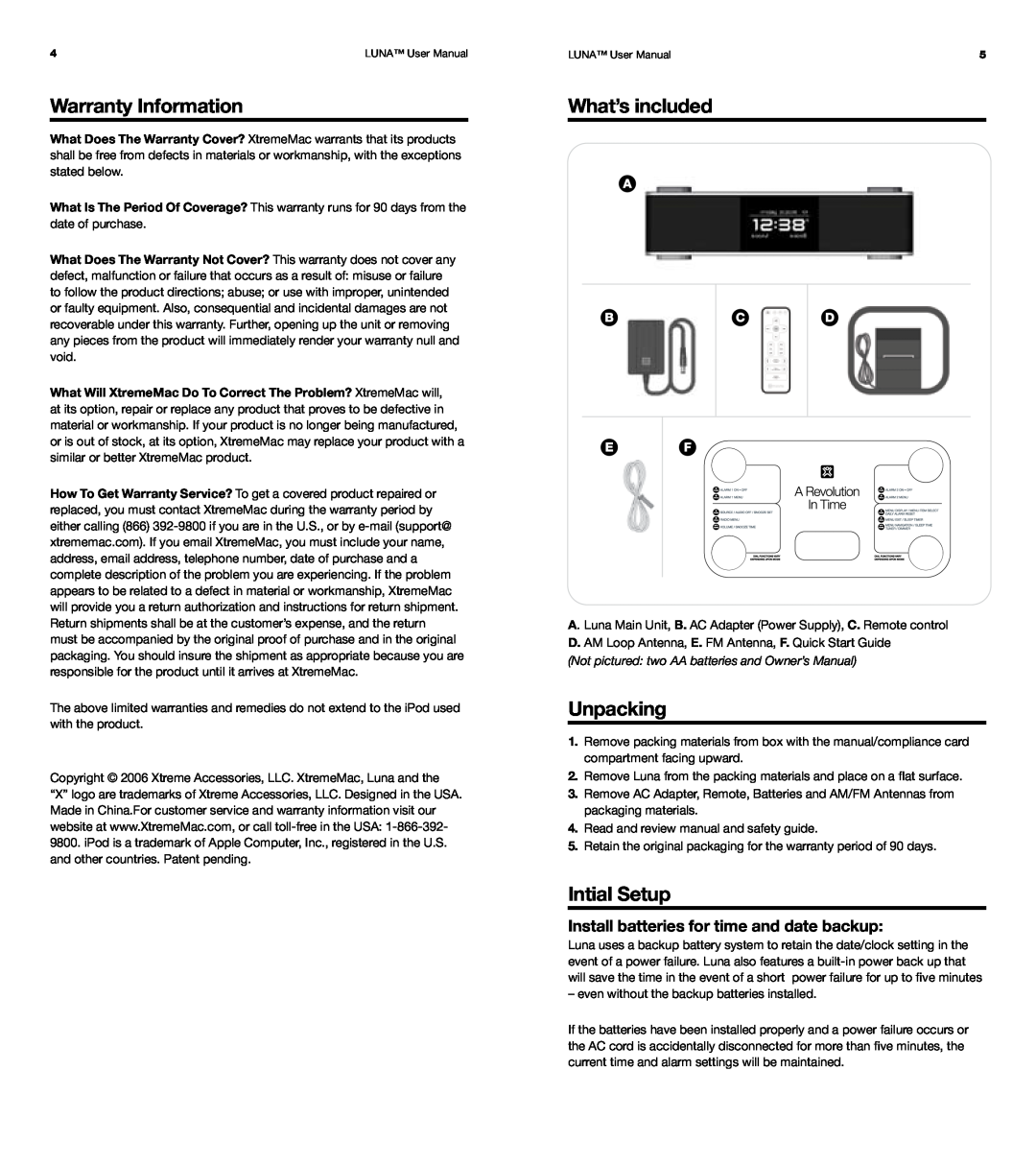 XtremeMac Room Audio System user manual Warranty Information, What’s included, Unpacking, Intial Setup 