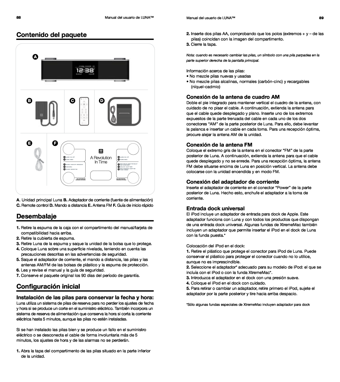 XtremeMac Room Audio System Contenido del paquete, Desembalaje, Configuración inicial, Conexión de la antena de cuadro AM 