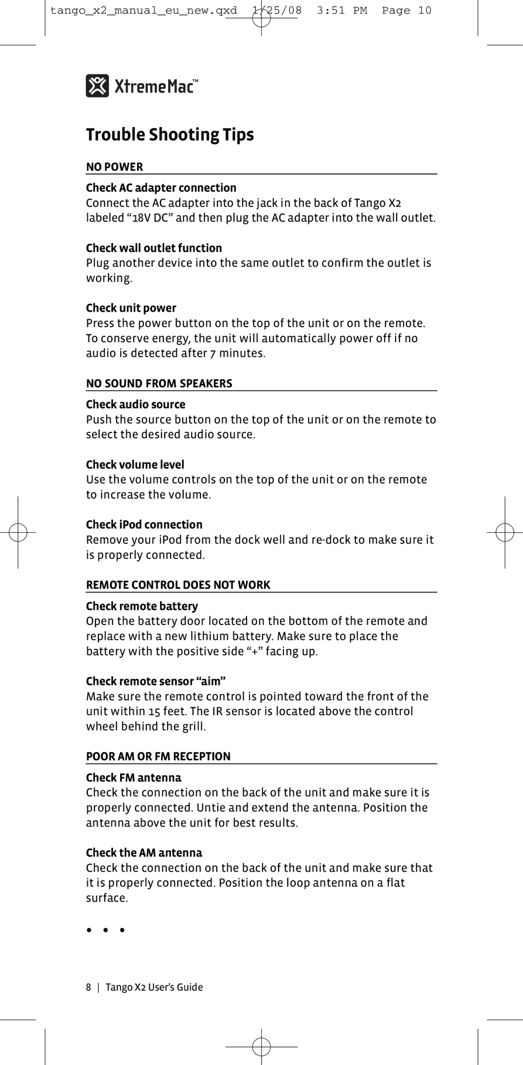 XtremeMac X2 manual Trouble Shooting Tips, No Power, No Sound from Speakers, Remote Control does not Work 