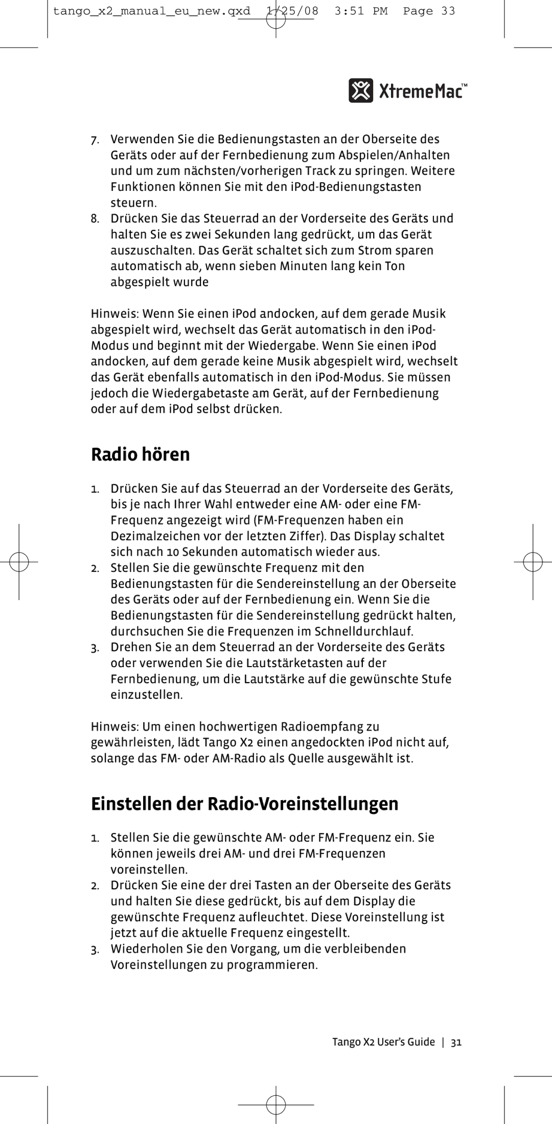 XtremeMac X2 manual Radio hören, Einstellen der Radio-Voreinstellungen 