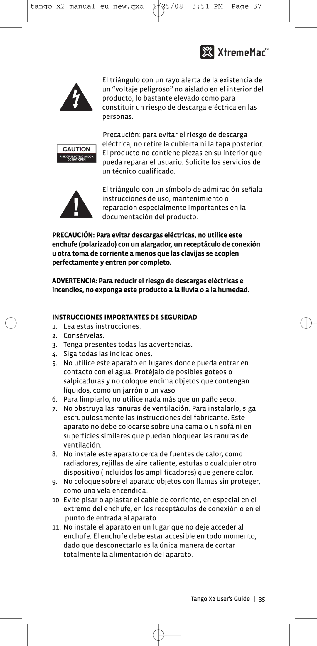 XtremeMac X2 manual Instrucciones Importantes DE Seguridad 