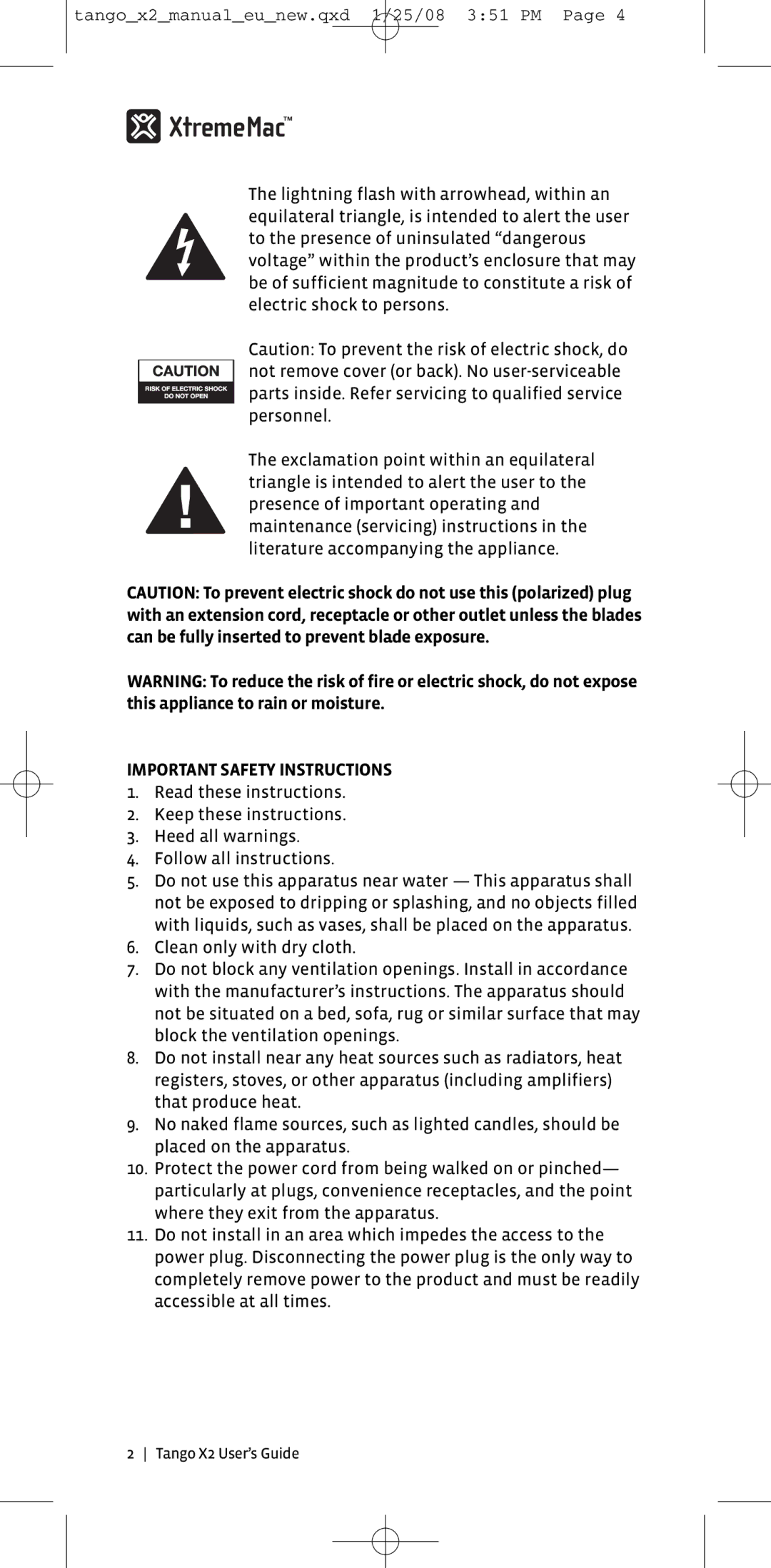 XtremeMac X2 manual Important Safety Instructions 