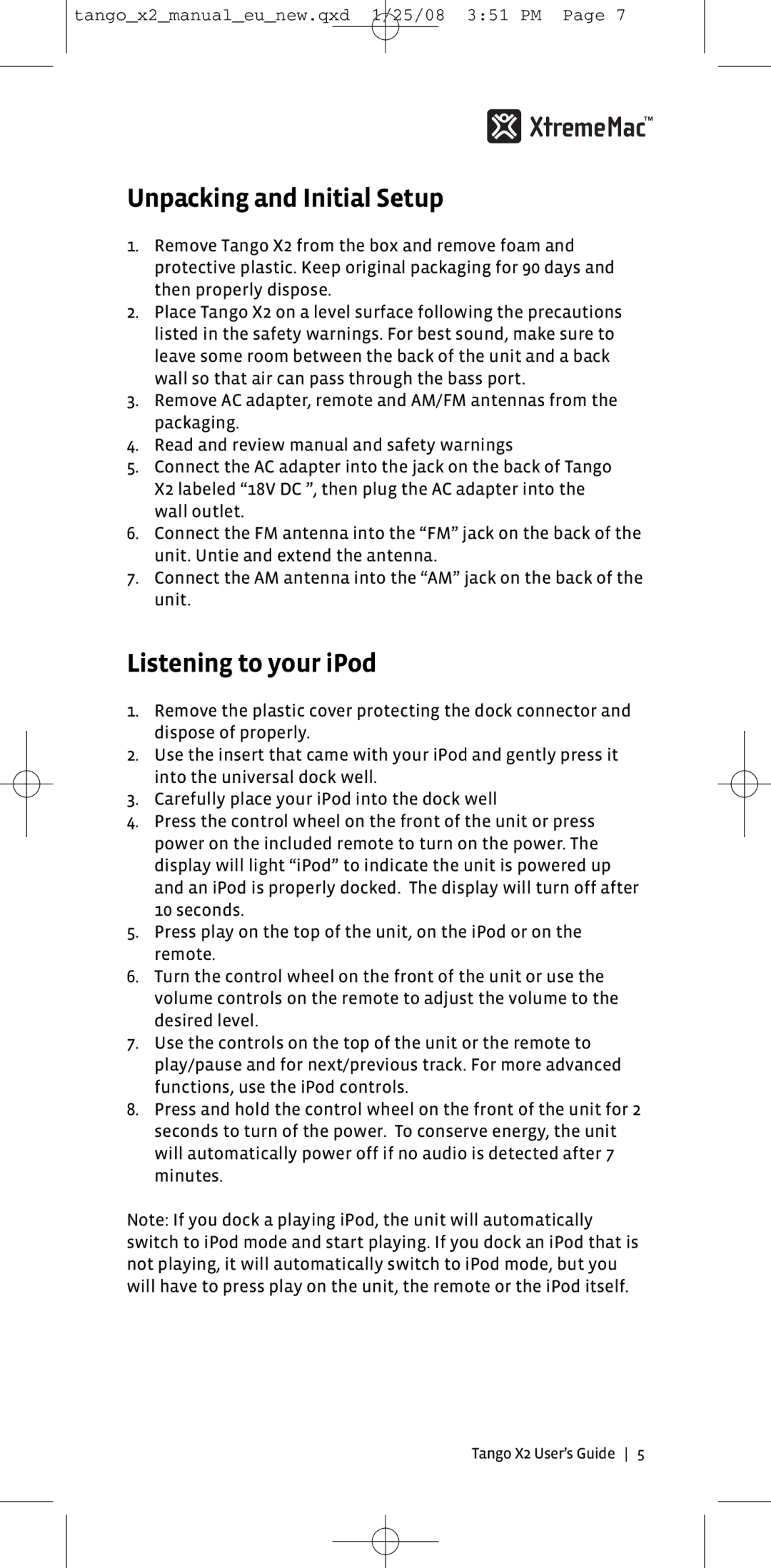 XtremeMac X2 manual Unpacking and Initial Setup, Listening to your iPod 