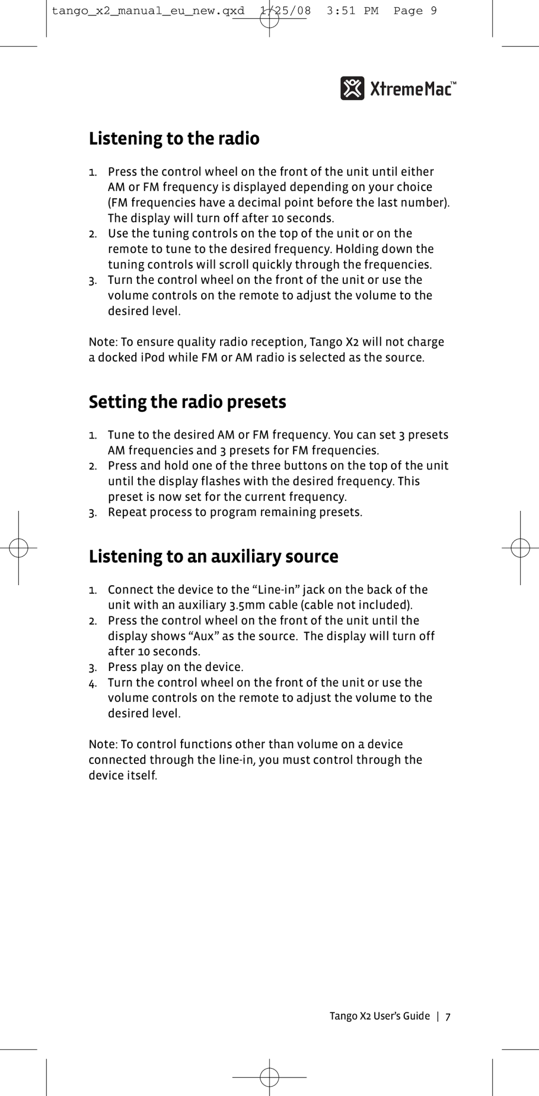 XtremeMac X2 manual Listening to the radio, Setting the radio presets, Listening to an auxiliary source 