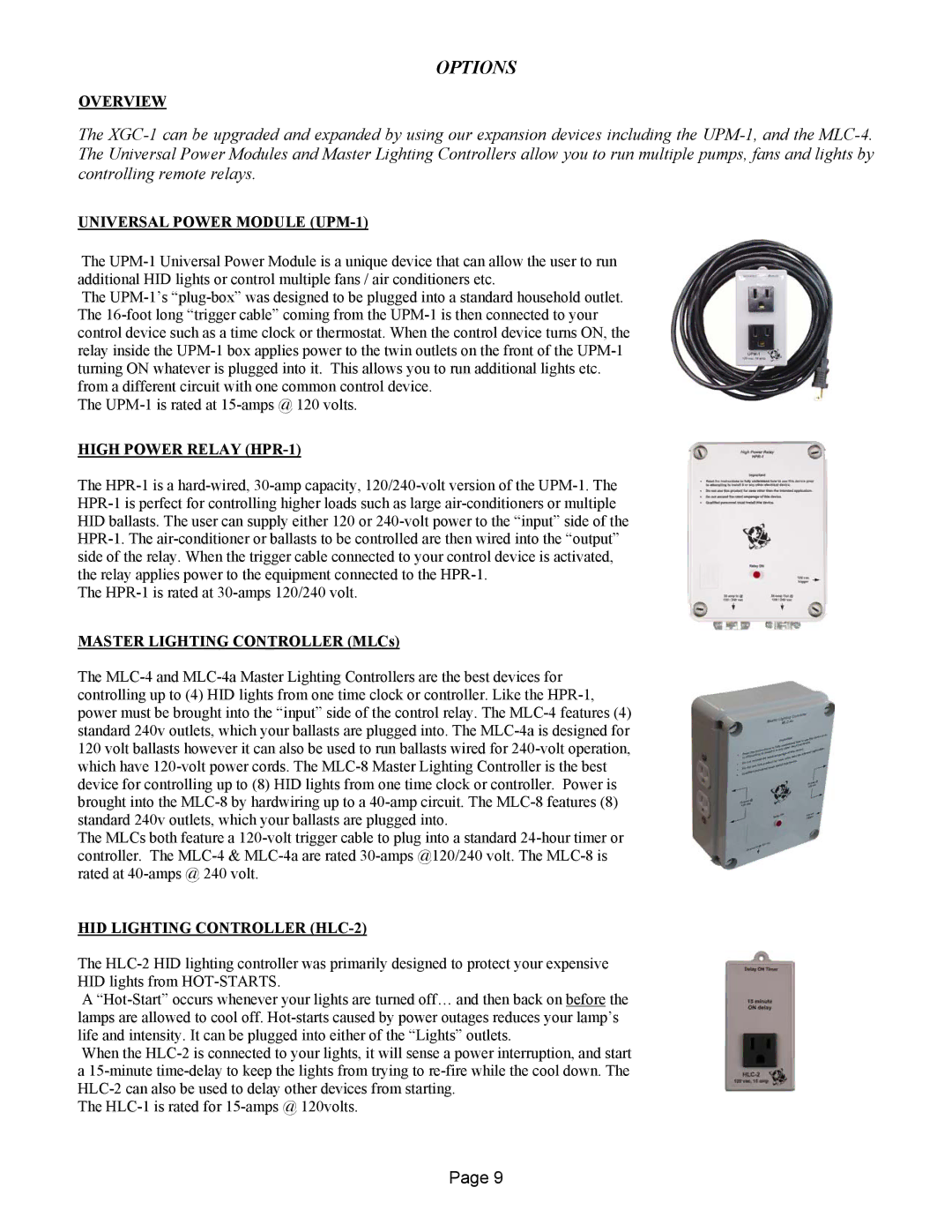 XtremeMac XGC-1 warranty Options, Universal Power Module UPM-1, High Power Relay HPR-1, Master Lighting Controller MLCs 