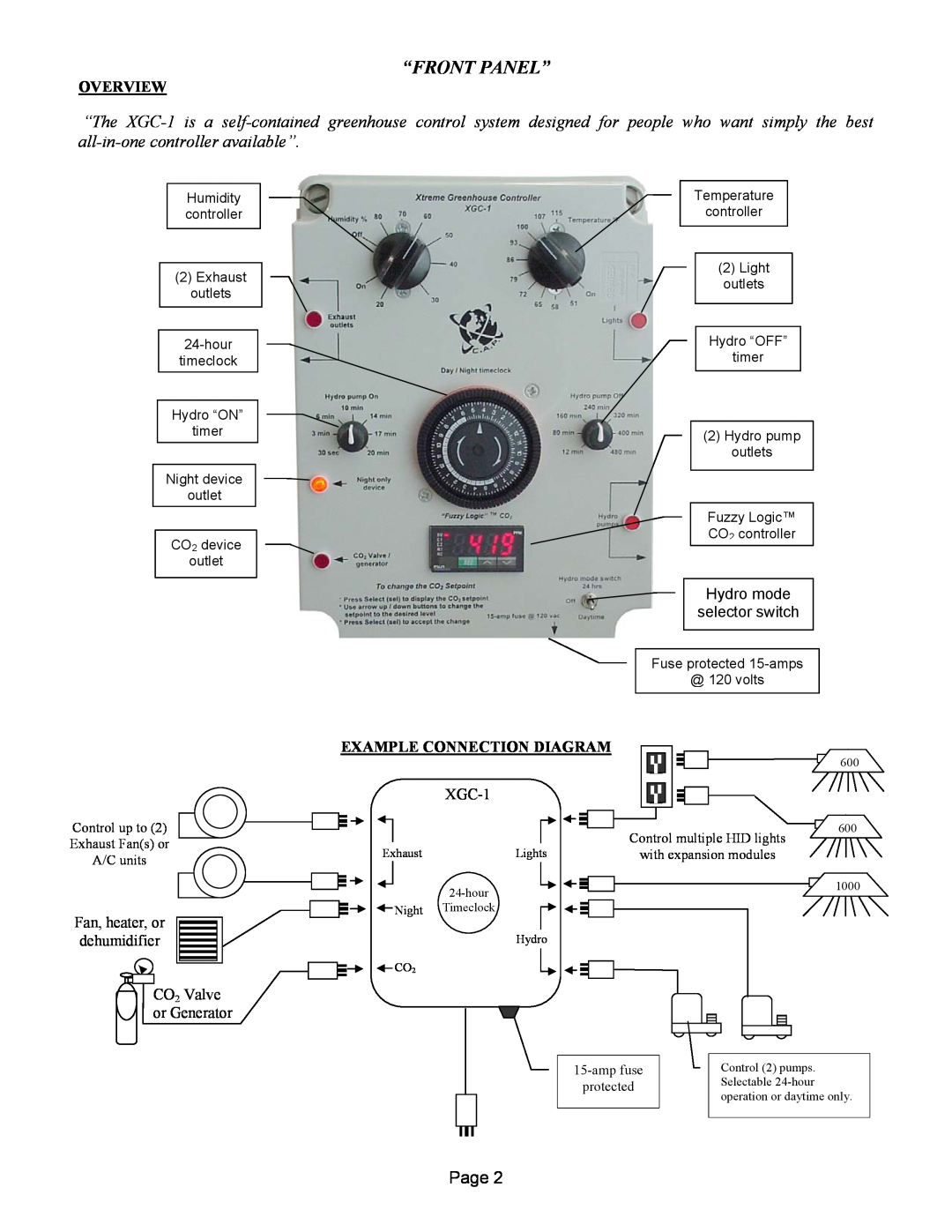XtremeMac XGC-1 warranty “Front Panel”, Example Connection Diagram, Page, Overview, Hydro mode selector switch 