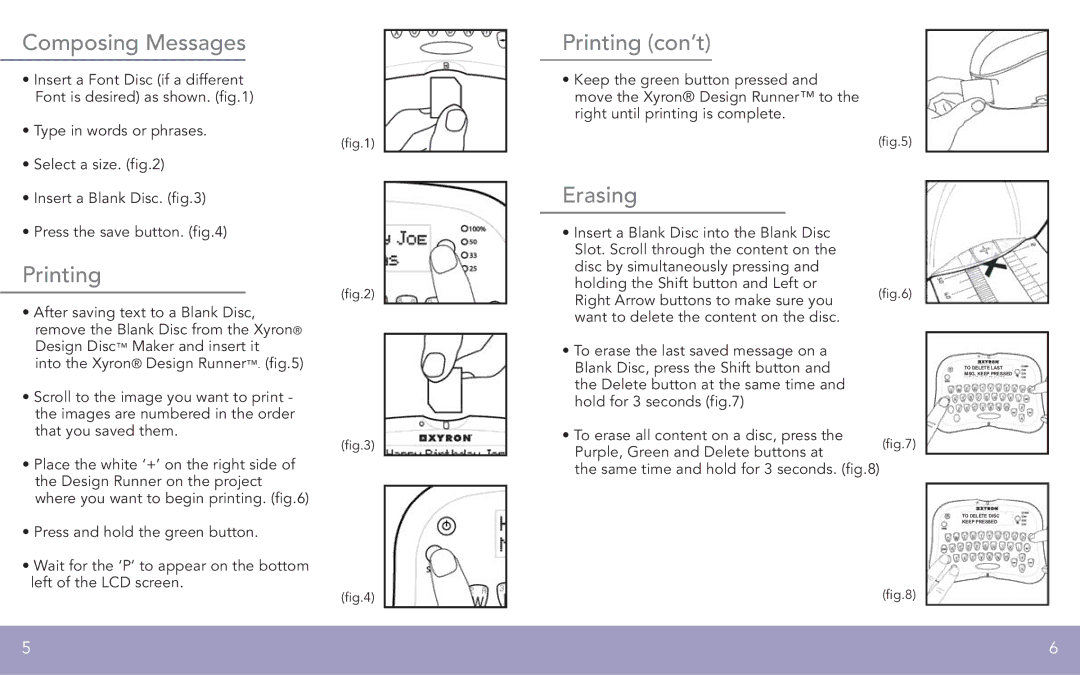 Xyron FPO manual Composing Messages, Printing con’t, Erasing 