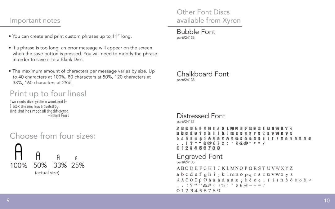 Xyron FPO manual 100% 50% 33% 25%, Bubble Font, Chalkboard Font, Distressed Font, Engraved Font 