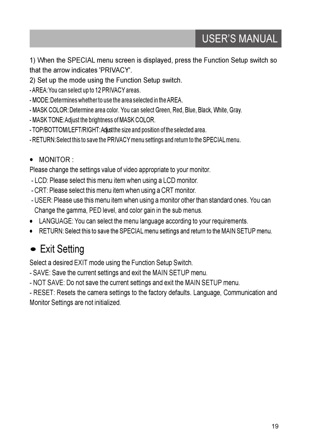 Yahee RETRT2812-1 manual Exit Setting, Monitor 