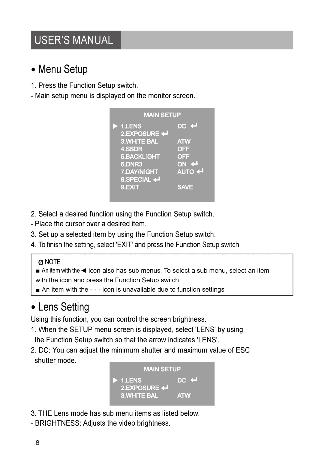 Yahee RETRT2812-1 manual Menu Setup, Lens Setting 