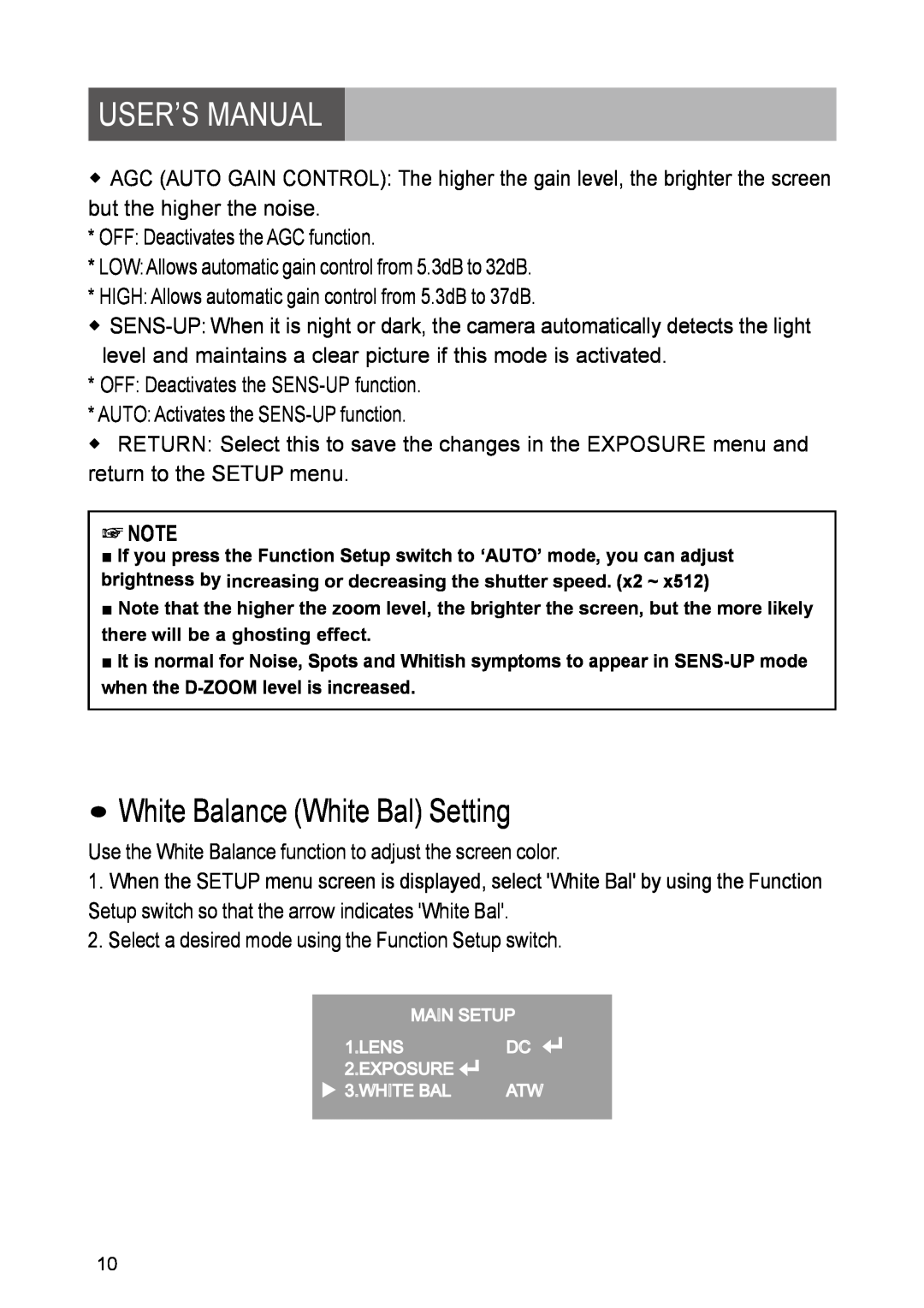 Yahee RETRT2812-1 manual White Balance White Bal Setting, User’S Manual 