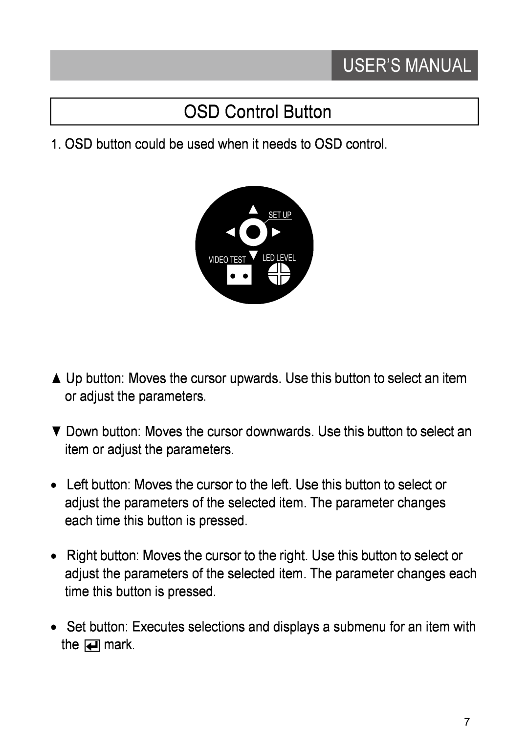 Yahee RETRT2812-1 manual OSD Control Button, User’S Manual 