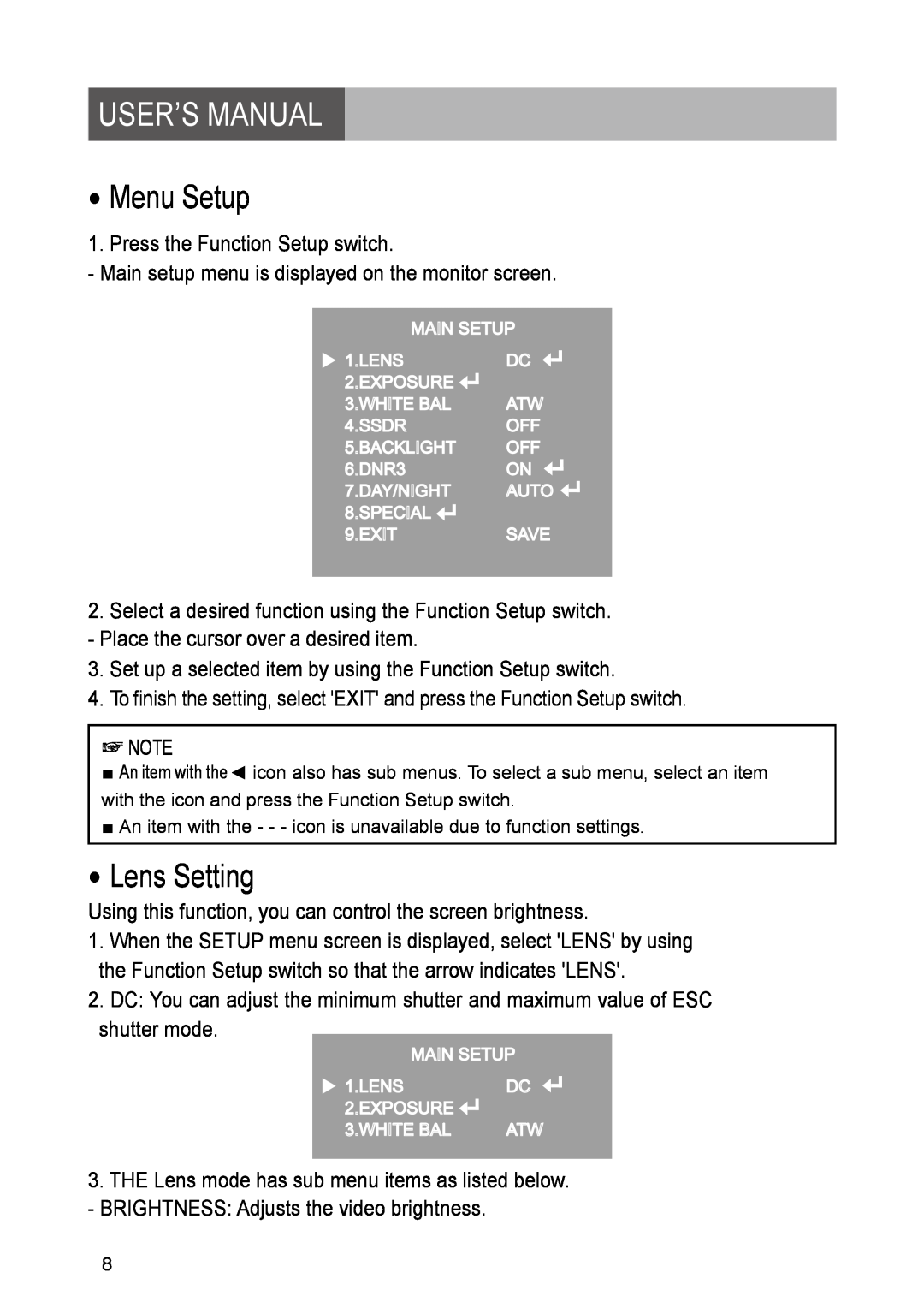 Yahee RETRT2812-1 manual Menu Setup, Lens Setting, User’S Manual 