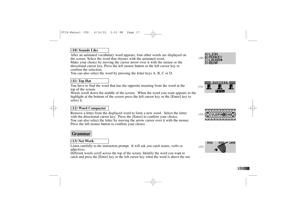 Yakumo PT18 manual Grammar, Sounds Like, Top Hat, Word Compactor, Net Work 