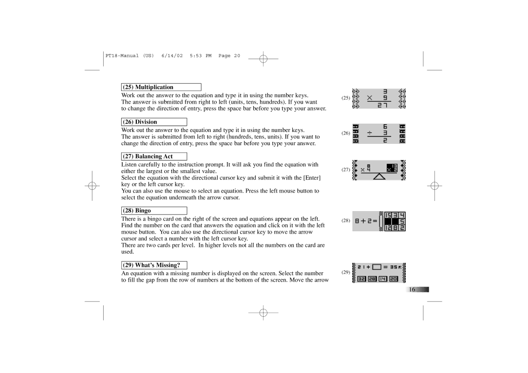 Yakumo PT18 manual Multiplication, Division, Balancing Act, Bingo, What’s Missing? 