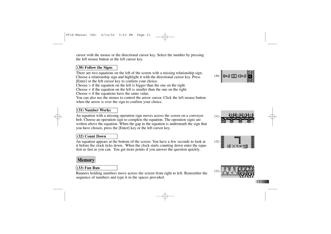 Yakumo PT18 manual Memory, Follow the Signs, Number Works, Count Down, Fun Run 