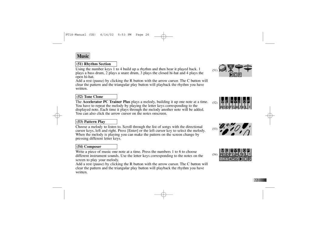 Yakumo PT18 manual Music, Rhythm Section, Tone Clone, Pattern Play, Composer 