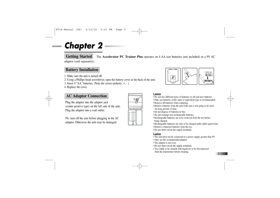 Yakumo PT18 manual Battery Installation, AC Adaptor Connection 