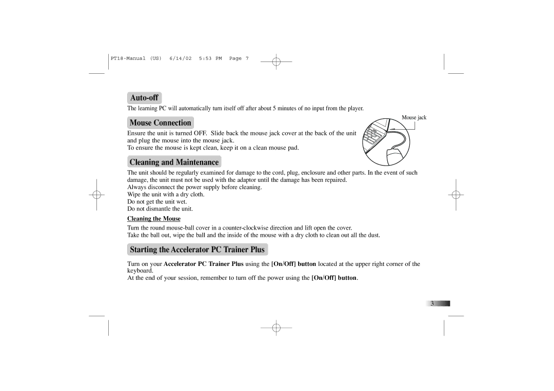 Yakumo PT18 manual Auto-off, Mouse Connection, Cleaning and Maintenance, Starting the Accelerator PC Trainer Plus 