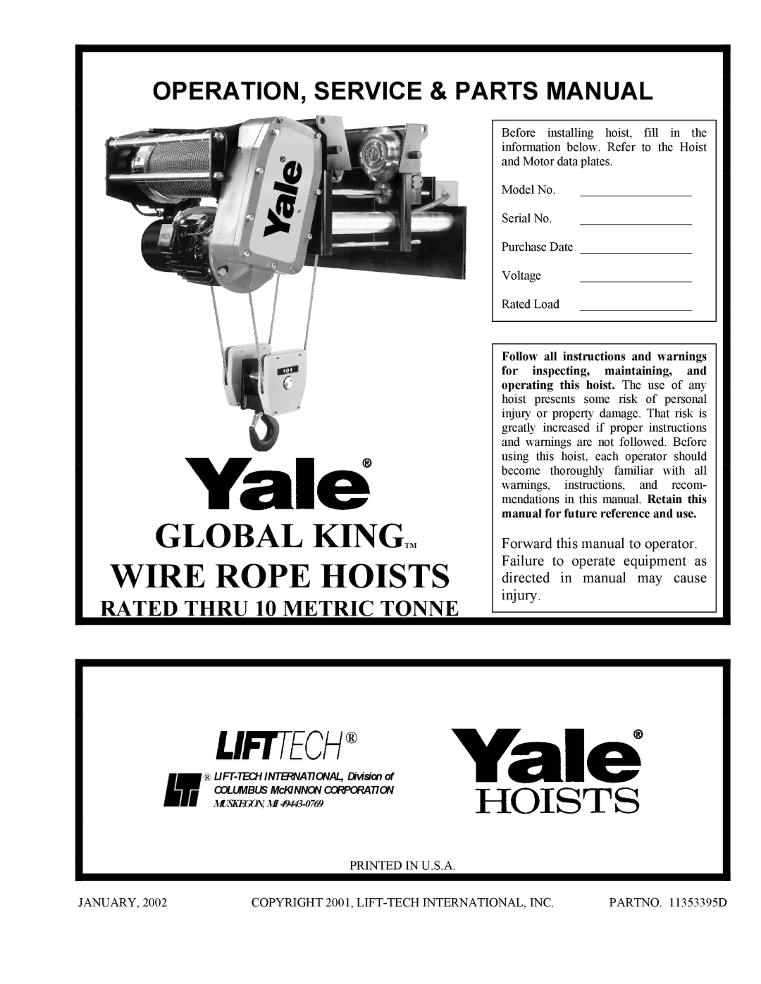 Yale 11353395D manual Global Kingtm Wire Rope Hoists 