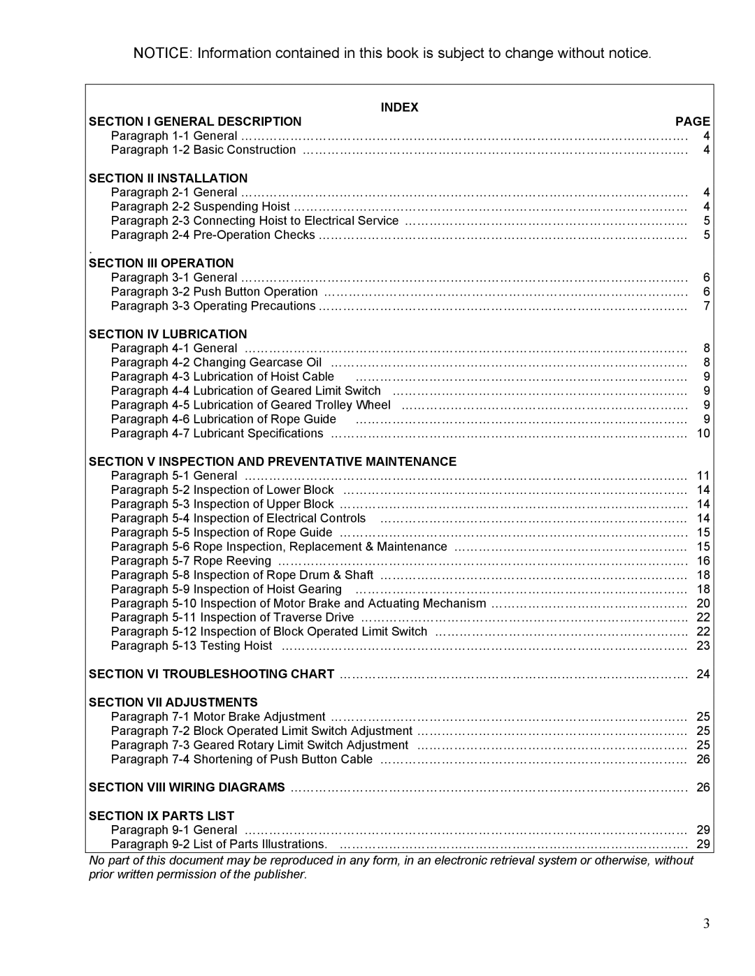 Yale 11353395D Index Section I General Description, Section II Installation, Section III Operation, Section IV Lubrication 