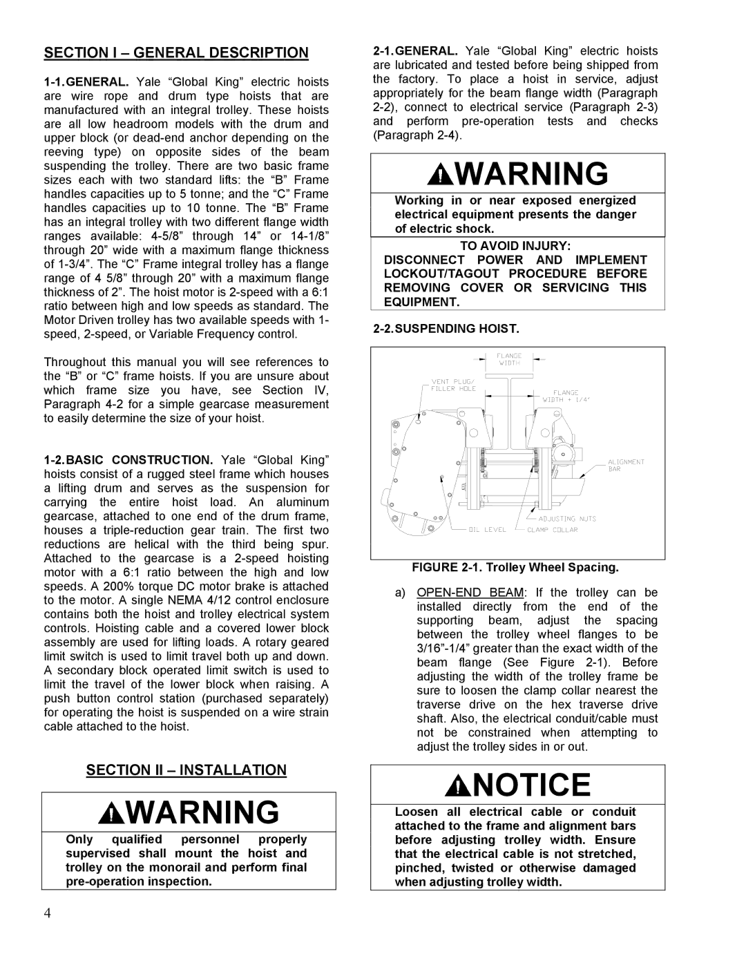 Yale 11353395D manual Section I General Description, Section II Installation 