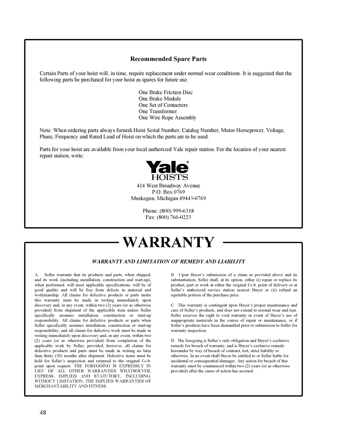 Yale 11353395D manual Warranty 