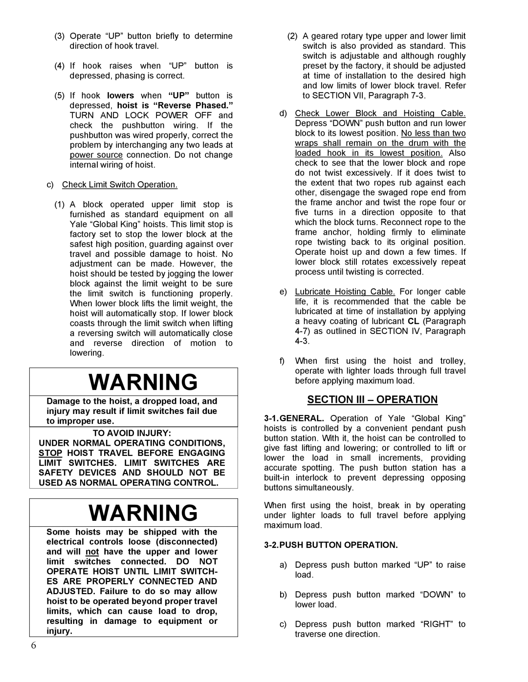 Yale 11353395D manual Section III Operation, Push Button Operation 