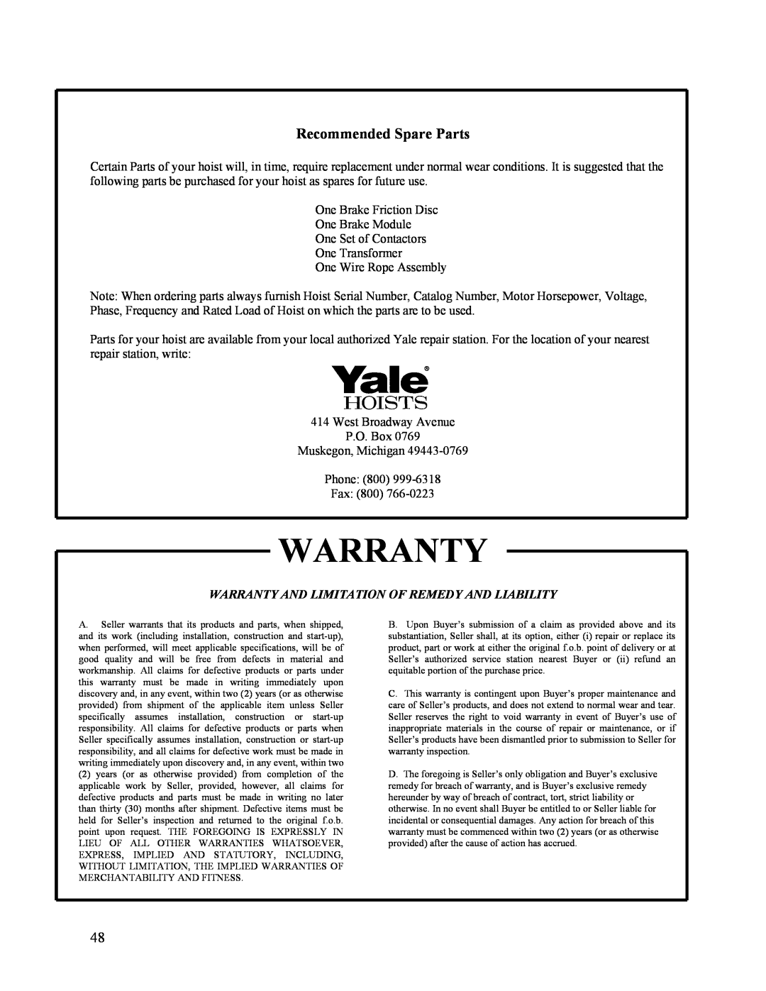 Yale 11353395D manual Recommended Spare Parts, Warranty And Limitation Of Remedy And Liability 