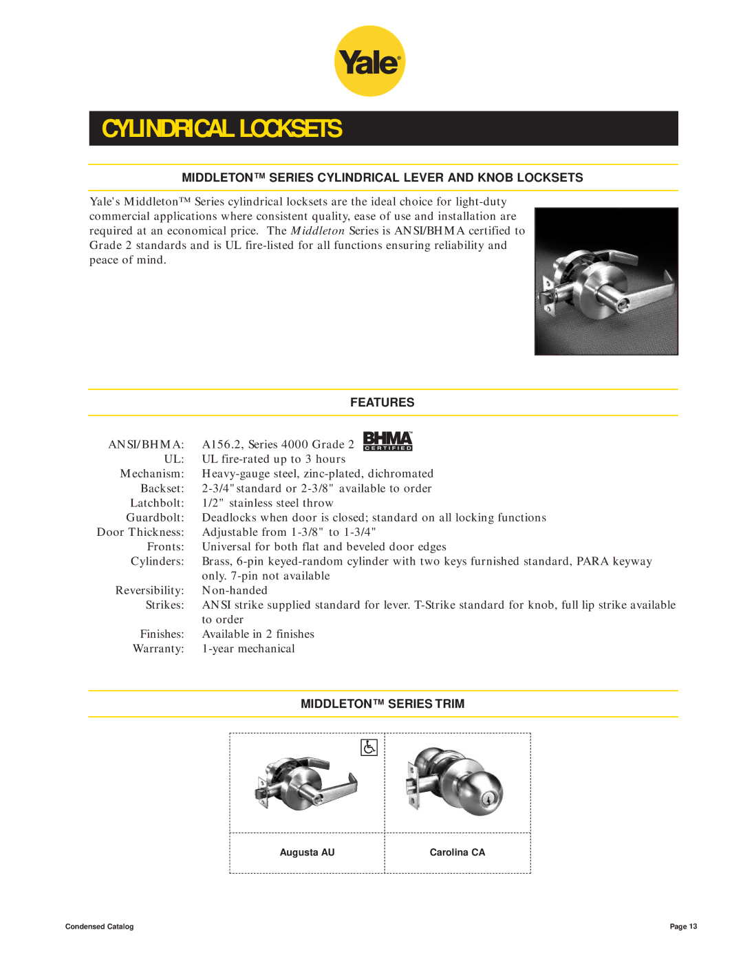 Yale 400 4400 manual Middleton Series Cylindrical Lever and Knob Locksets, Middleton Series Trim, Augusta AU 