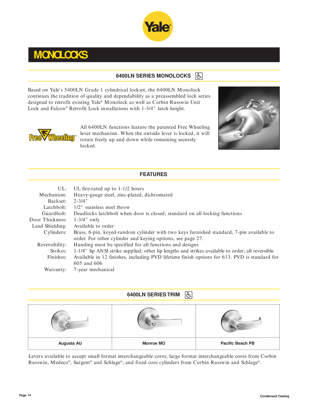 Yale 400 4400 manual 6400LN Series Monolocks, 6400LN Series Trim 