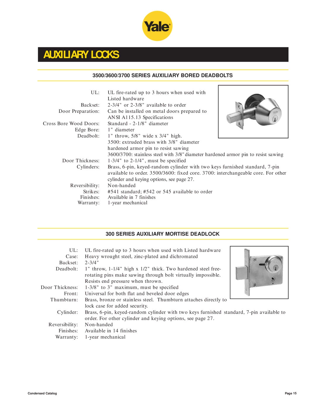 Yale 400 4400 manual Auxiliary Locks, 3500/3600/3700 Series Auxiliary Bored Deadbolts, Series Auxiliary Mortise Deadlock 