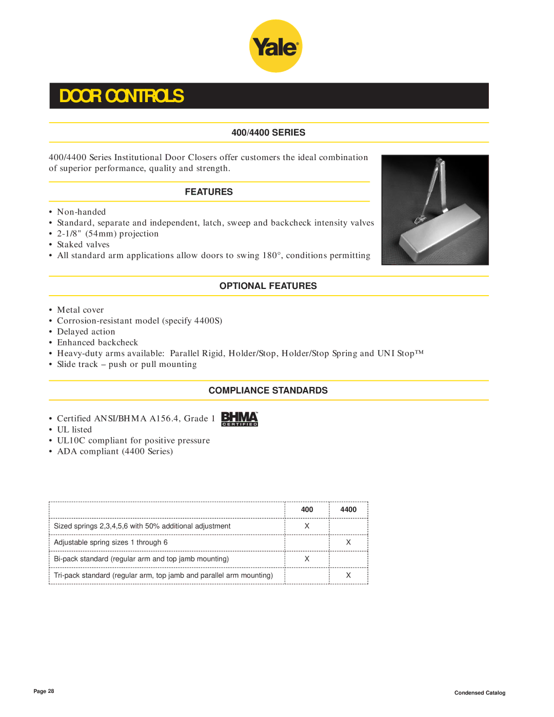 Yale 400 4400 manual Door Controls, Optional Features, Compliance Standards 