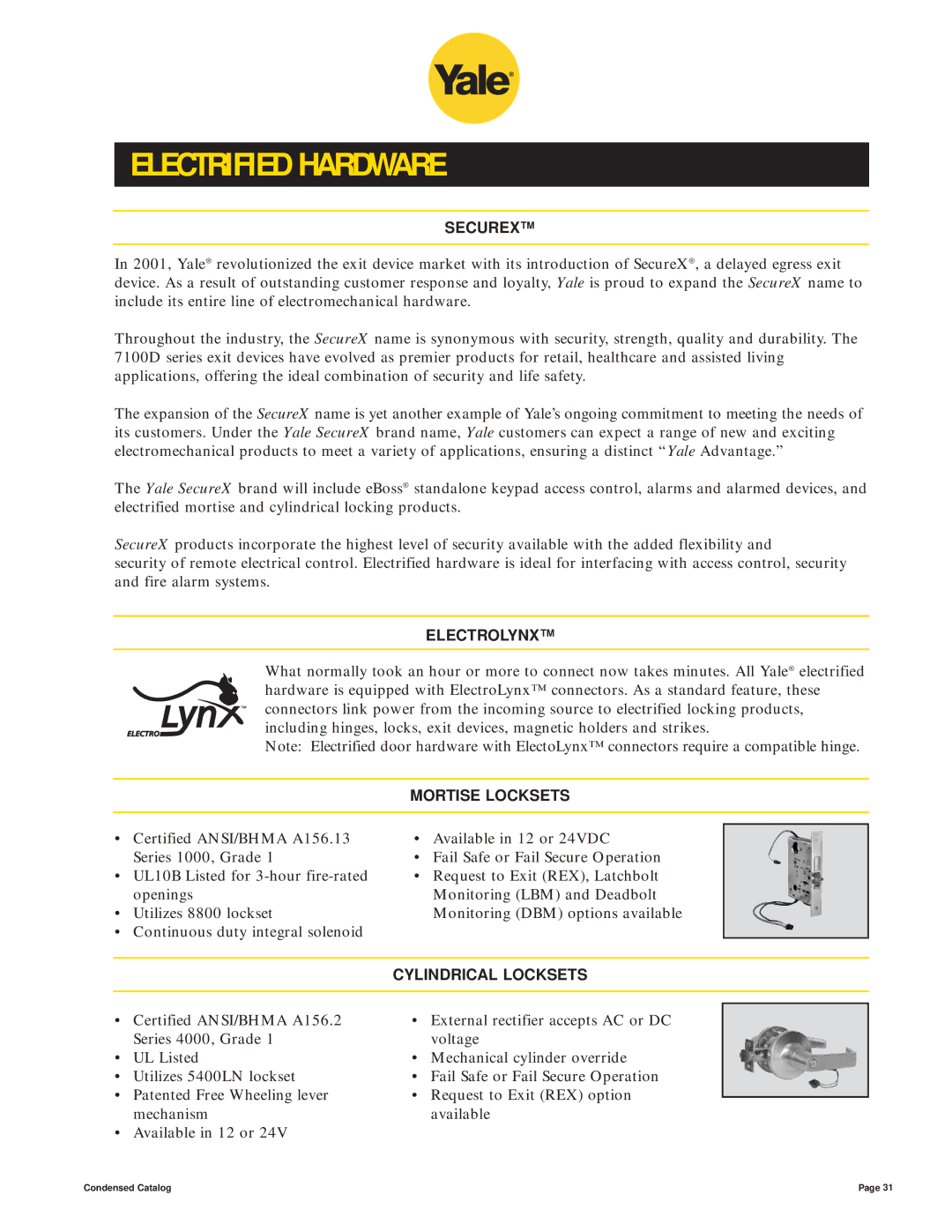 Yale 400 4400 manual Electrified Hardware, Securex, Electrolynx, Mortise Locksets, Cylindrical Locksets 