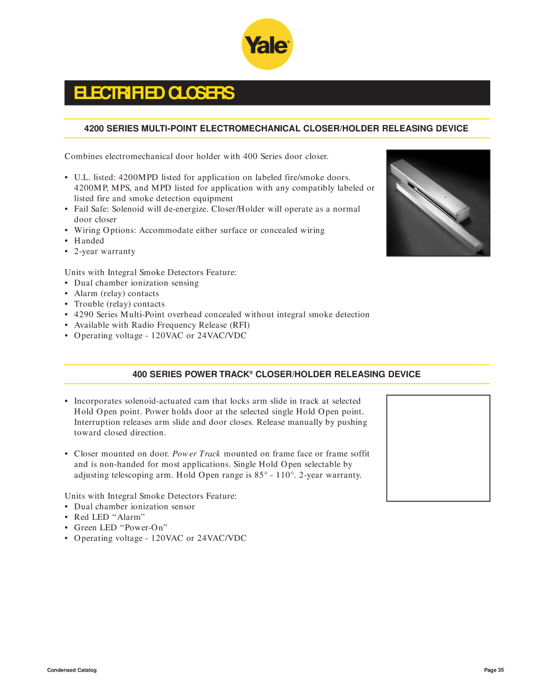 Yale 400 4400 manual Electrified Closers, Series Power Track CLOSER/HOLDER Releasing Device 