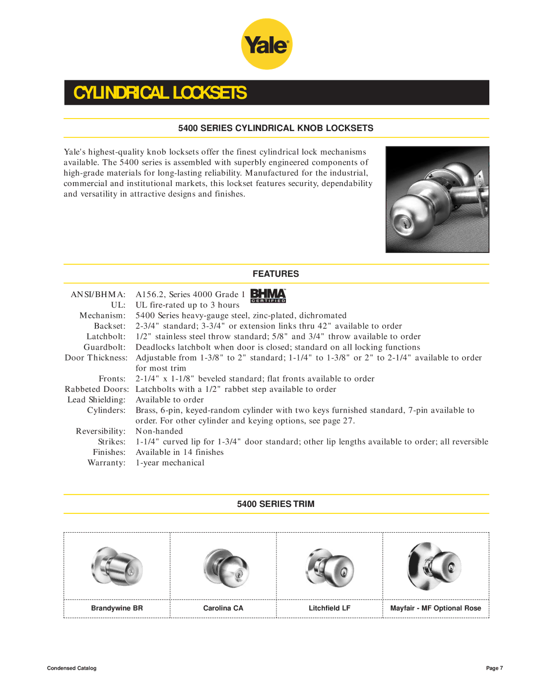 Yale 400 4400 manual Series Cylindrical Knob Locksets, Series Trim, Brandywine BR Carolina CA Litchfield LF 